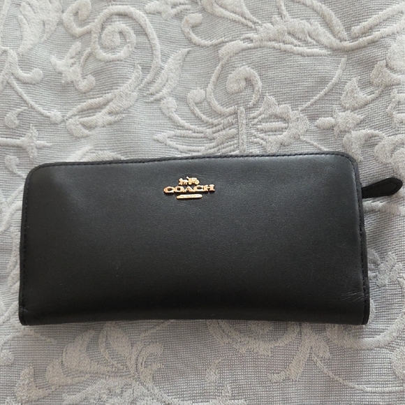Coach Accessories - Coach Black Leather Zip Wallet with Gold Logo